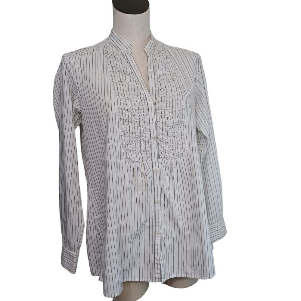 Vince Top Striped Cinch Yoke Button Front‎ Blouse White Black Womens 4